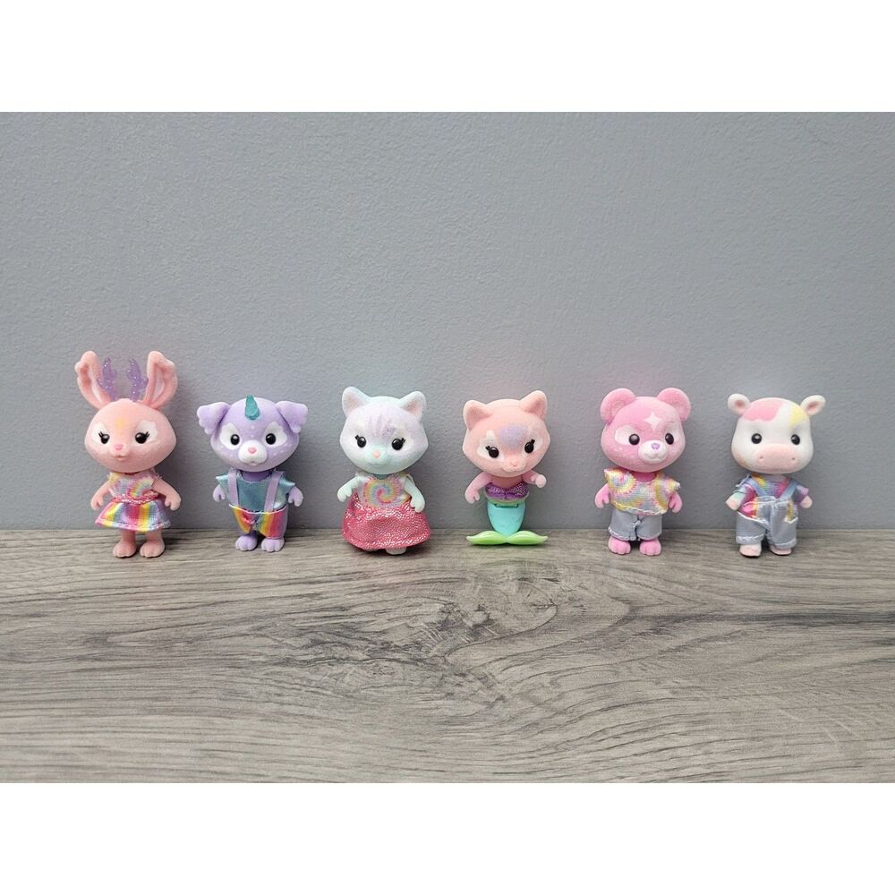Honey Bee Acres Set of 6 Flocked Toy Dollhouse Figures Rainbow